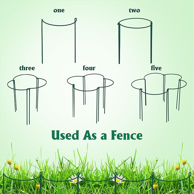 Plant Supports Stakes 6PCS, Half Round Metal Garden Stakes Plant Support for Peony Cages and Supports,Green Plant Support Ring Border for Outdoor Indoor Plants (10" W x 16" H, 6 PCS)
