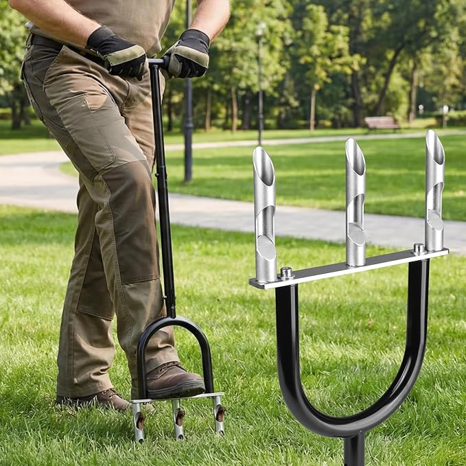 Manual Lawn Aerator Tool, 3 Hollow Tines Plug Lawn Core Aerator, Heavy Duty Hand Soil Aerator Tool with Adjustable Handle, Grass Aeration Garden Tools for Lawn Care, Compacted Soil, Yard