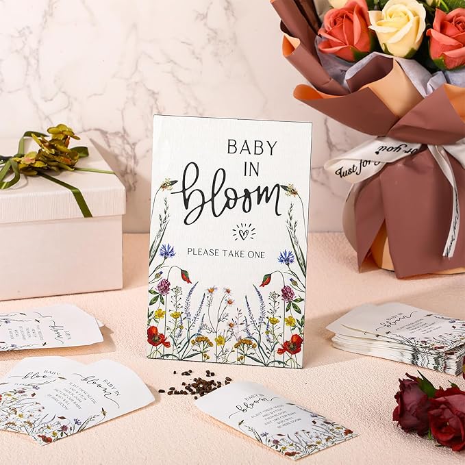 Maitys 100 Pcs Baby Shower Seed Packets Favors for Guests Baby in Bloom Wooden Sign Self Adhesive Envelopes Packet Storage Decor, No Seeds(Wildflowers)