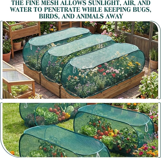 4 Pcs 35'' x 14'' x 16'' Pop up Garden Mesh Plant Cover Outdoor Plant Protector Garden Row Raised Bed Cover with Ground Nails Crop Cage Net for Seedlings Vegetable Fruit Herbs (Dark Green)