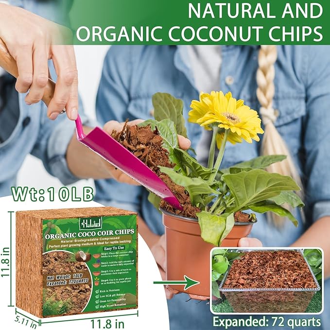 Halatool 10LBS Coco Husk Chips for Plants, Organic Coconut Mulch for Maintaining Moisture and Air & Absorb Water, Compressed Coco Soil Mix for Houseplant, Garden, Landscaping, Reptile Substrate