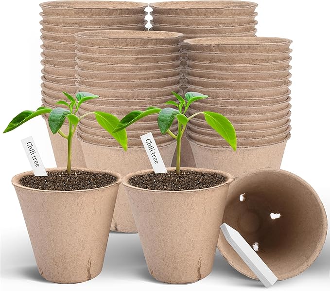 ARGCONNER Peat Pots, 60 Pack Plant Starter Round Nursery Pot with Drainage Holes, Garden Germination Seedling Pots with 30 Plant Labels (3.15 Inch)