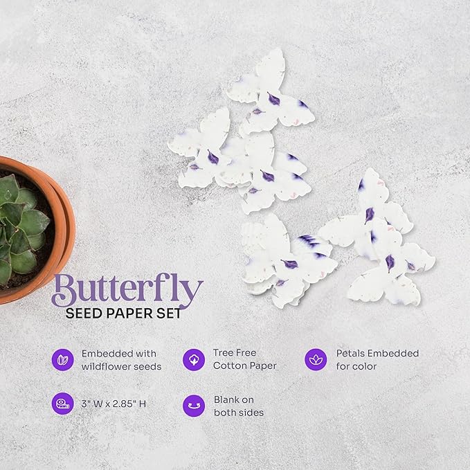 Seed Bloom Wildflower Seed Paper - Set of 24 Purple Butterfly-Shaped with Envelope and Planting Instruction, Writable & Plantable Gift for Mom and Plant Lover, Ideal for Wedding, Memorial, Baby Shower