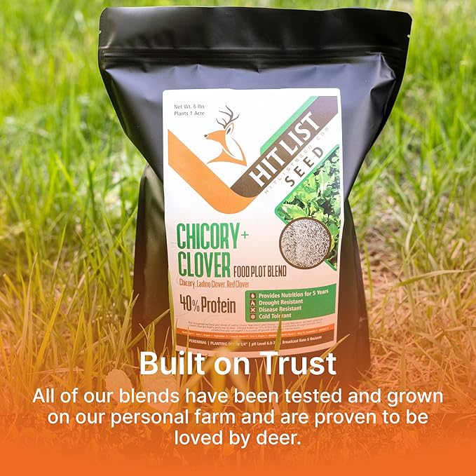 HIT LIST SEED® Chicory + Clover Food Plot Seeds for Deer [Perennial] - Deer Food Plot Seed Perennial - Deer Plot Seed Mix - Chicory, Ladino Clover, Red Clover - Spring, Summer & Fall Planting - 3 lbs
