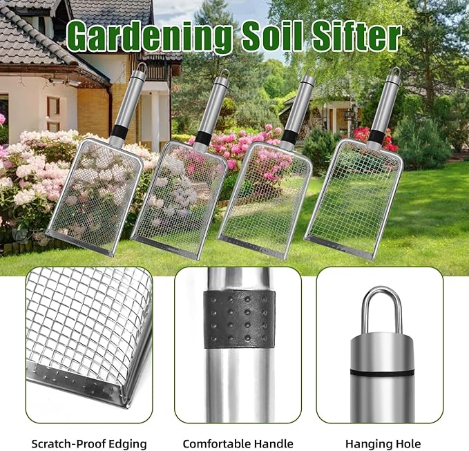 4 Pcs Gardening Soil Sifter, 5" W-Shape Garden Sieve Sifter with Handle (2/2.8/3.8/5 mm Mesh), Portable Gardening Sifter for Gradening Sand Soil Dirt Compost