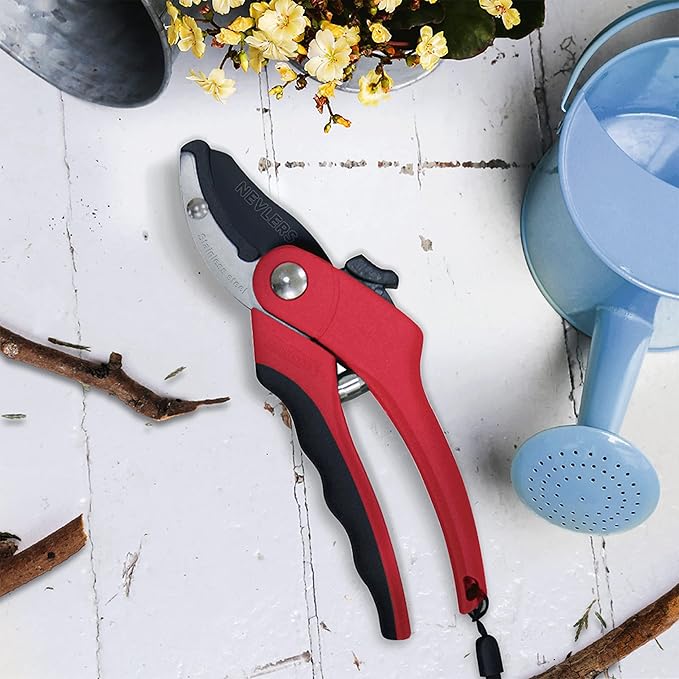 Nevlers 8" Anvil Pruning Shears for Gardening | Hand Pruners for Gardening w/Stainless Steel Blades, 8mm Cut Cap | Garden Clippers Handheld w/Safety Lock | Pruning Shears Heavy Duty Design — Red