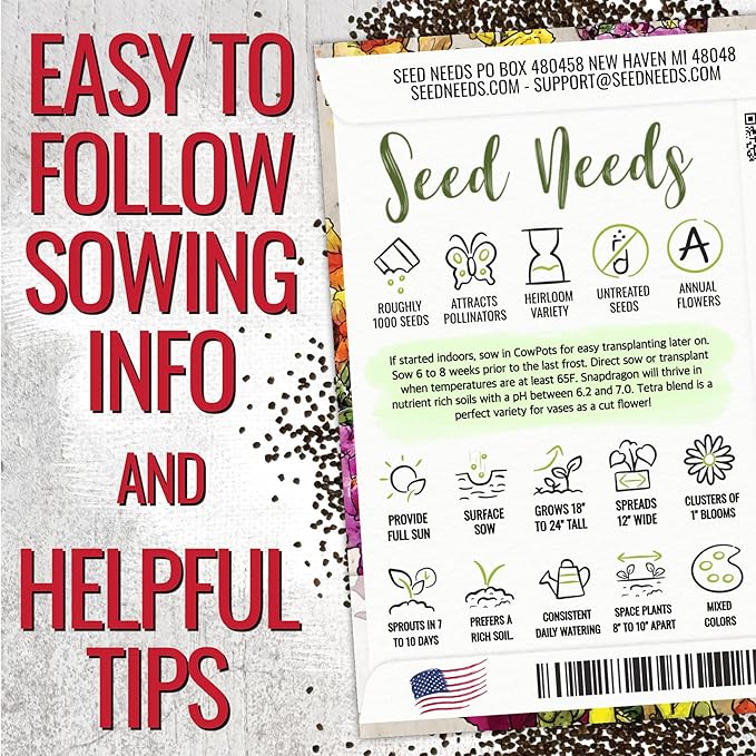 Seed Needs, Mixed Tetra Snapdragon Seeds - 1,000 Heirloom Seeds for Planting Antirrhinum majus - Annual Flowers to Attract Butterflies, Bumblebees, Honeybees & Other Pollinators (2 Packs)
