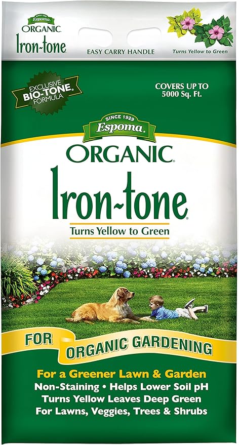 Espoma Organic Iron-Tone 3-0-3 Organic Fertilizer and Plant Food to Help Correct Iron Deficiency (Chlorosis). 20 lb. Bag. Turns Yellow to Green, Non Staining Iron