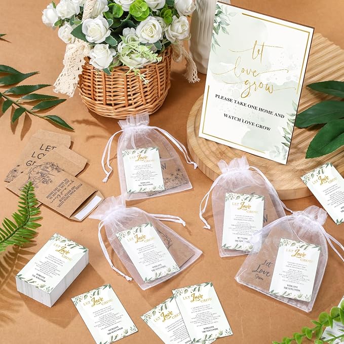 Ireer 101 Set Let Love Grow Greenery Wedding Favors for Guests Include 1 Wooden sign100 Self Adhesive Seed Packets Kraft Paper Seed Envelopes 100 Let Love Grow Cards 100 Bags for Guest Bridal Shower