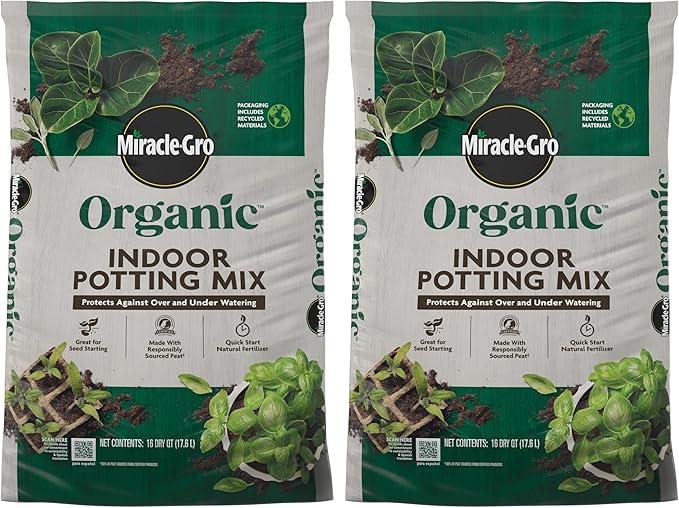 Miracle-Gro Organic Indoor Potting Mix - Protects Against Over and Under Watering, Planting Soil for Indoor Container Plants, Houseplants and Starter Plants, OMRI Listed, 16 qt. (2-Pack)