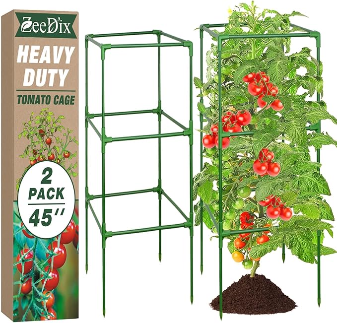 ZeeDix 45 Inch Tomato Cages 2 Pack, Heavy Duty Adjustable Metal Garden Plant Supports for Climbing Vegetables - Square Cage for Tomatoes, Cucumbers, Peas, Flowers with 20 Plant Clips