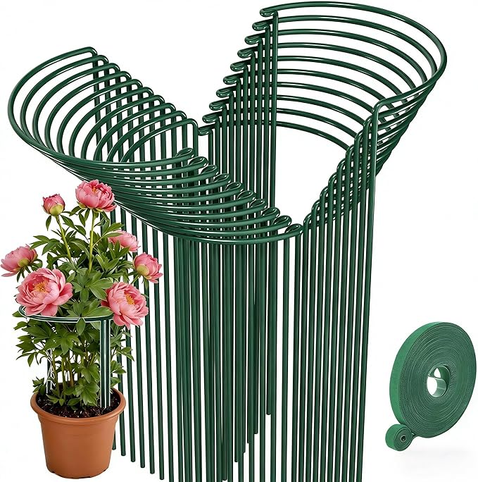 AMAGABELI GARDEN & HOME 20 Pack Plant Support Stakes 10" W x 24" H Heavy Duty Half Round Peony Cage Metal Garden Support Structures Plant Cage with Ties for Indoor Flower Tomato Hydrangea Monstera
