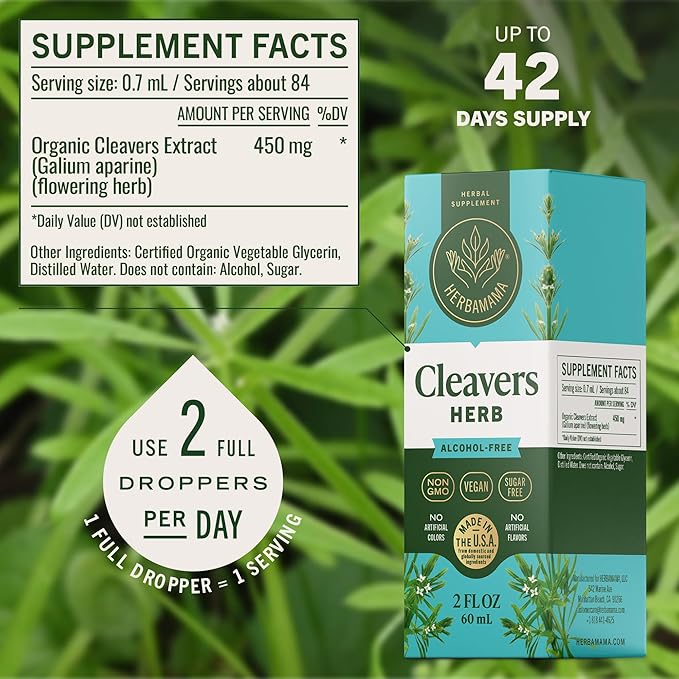 HERBAMAMA Cleavers Herb Tincture - Vegan Natural Detox & Cleanse Support with Cleavers Leaf Extract Drops - Non-GMO, Alcohol & Sugar-Free Liquid Herbal Supplement, 42-Day Supply