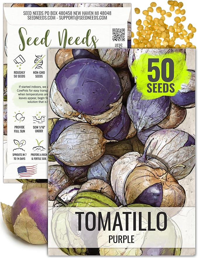 Seed Needs, Purple Tomatillo Seeds - 50 Heirloom Seeds for Planting Physalis ixocarpa - Non-GMO & Untreated Mexican Husk Tomato for Making Salsa (1 Pack)