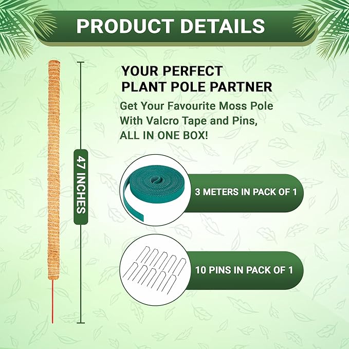 Bendable Moss Pole 48 Inch for Monstera & Climbing Plants – Coco Coir Moss Stick for Indoor Plant Support, Trellis Pole for Pothos, Philodendron, Plant Stake for Home Gardeners 5 Pins & 1 Tape