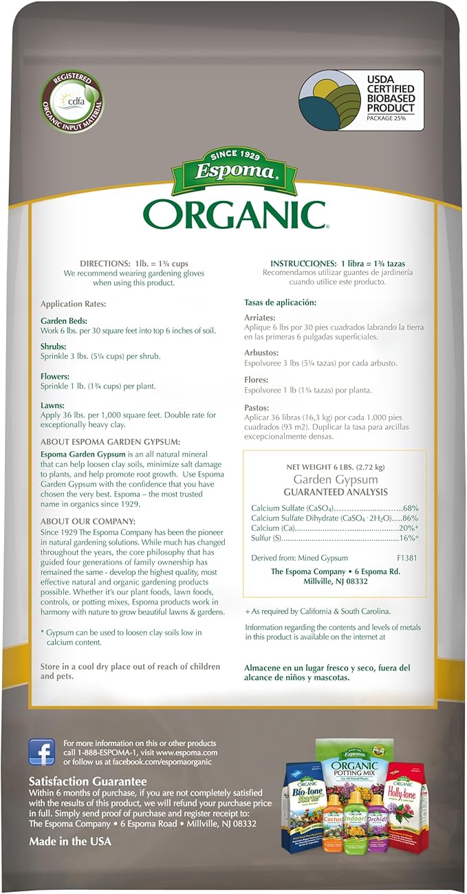 Espoma Organic Garden Gypsum Soil Conditioner; All-Natural & pelletized mined Gypsum with no fillers or additives. Helps Loosen Clay Soil; 6 lb. Bag Pack of Two