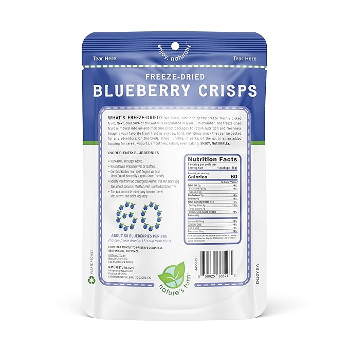 Nature’s Turn Freeze-Dried Blueberry Crisps – Healthy, Gluten-Free, Crispy & Delicious, Plant-Based Snack, Ideal for Cereal, Smoothies, School Lunches, & On-the-Go, Bags of 12 (0.53 oz Each)