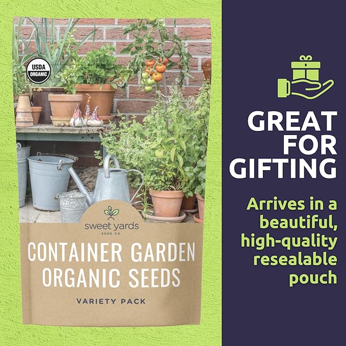 Organic Container Garden Seeds Variety Pack - 10 Individual Packs - 2026 Season - Ruquette arugula, Genovese Basil and More! for Indoor & Outdoor Planting (Non-GMO, Certified Organic)