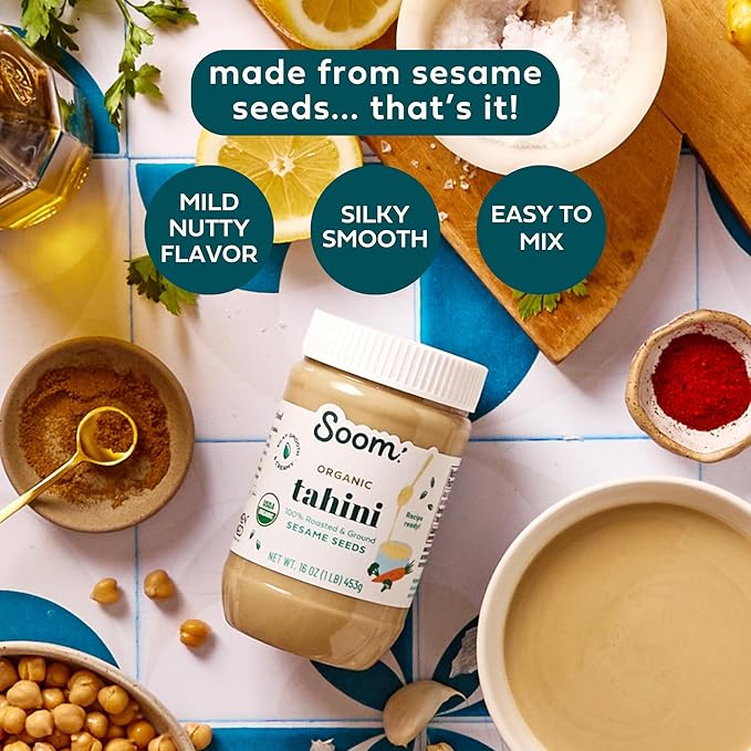 Soom Foods Organic Tahini 16oz (2 Pack) | Roasted & Ground Sesame Seed Paste | Creamy Tahini for Dubai Chocolate, Hummus, Sauces | Vegan, Nut-Free, Gluten-Free, Kosher, Keto, Paleo, Whole30