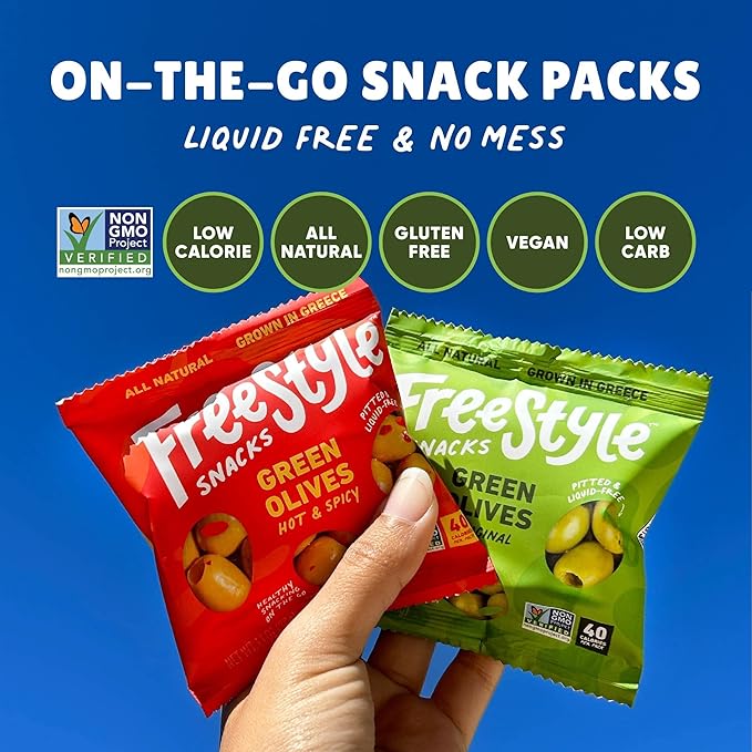 Freestyle Snacks Olive Snack Packs - As Seen on Shark Tank - Single Serve - Fresh Pitted Green Olives, Grown in Greece, All Natural, Non-GMO, Sugar-Free, Salty Snack - Variety, 1.1oz (6 Pack)