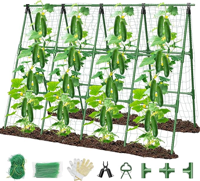 71" x 51" Cucumber Trellis for Raised Bed, A-Frame Garden Trellis for Climbing Plants Outdoor, Rust-Proof Metal Support for Tomato, Peas, Beans, Zucchini & Vines, with Netting & Clips