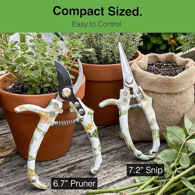 Pruning Shears for Gardening 2-Pack – 6.7" SK5 Bypass Pruner & 7.2" Straight Snips with Non-Slip Gloves – Lightweight Floral Garden Clipper for Women, Rose Trimmer & Plant Scissors Gift Set