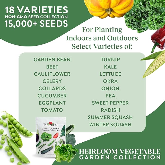 Burpee Heirloom Vegetable Seeds - 15,000+ Seeds - Beans, Beets, Cauliflower, Celery, Collards, Cucumber, Eggplant, Kale, Lettuce, Okra, Onion, Pea, Sweet Pepper, Radish, Squash, Tomato, Turnip
