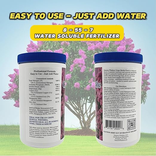 Natures Wisdom Crepe Myrtle Tree 8-55-7 Water Soluble Fertilizer Plant Food, Balanced Nutrient Blend for Flowering Trees, Shrubs and Vines | 1.5 Lb