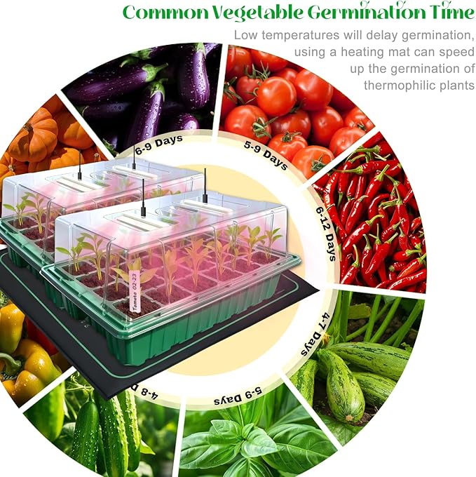 Seed Starter Trays with Grow Lights and Heat Mat, 2 Pack Seed Starter Kit with Humidity Dome and Timing Controller, Adjustable Vent and Brightness, Ideal Germination Tray for Seed Starting and Growing