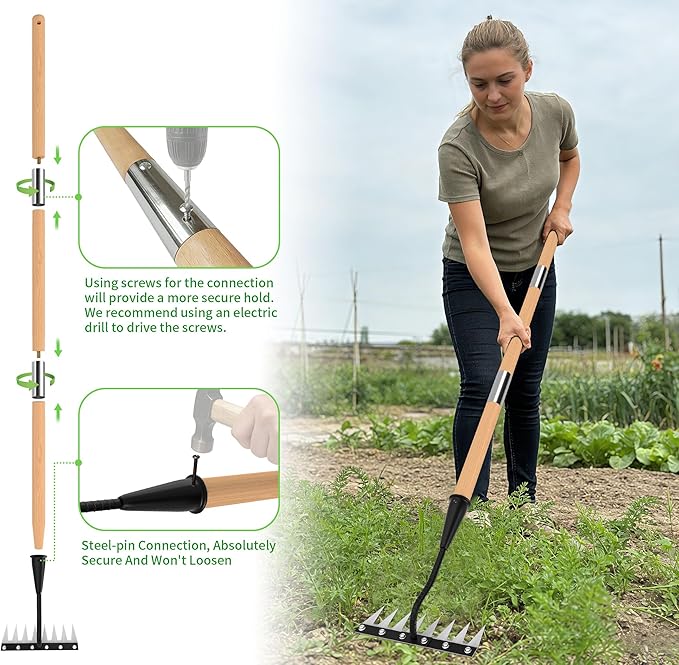 Iron Weed Rake with Wooden Long Handle 2.0, 8 Teeth Weed Puller Tool Heavy Duty, Manual Gardenia Weeding Rake Tool for Yard, Lawn and Garden, 56Inch