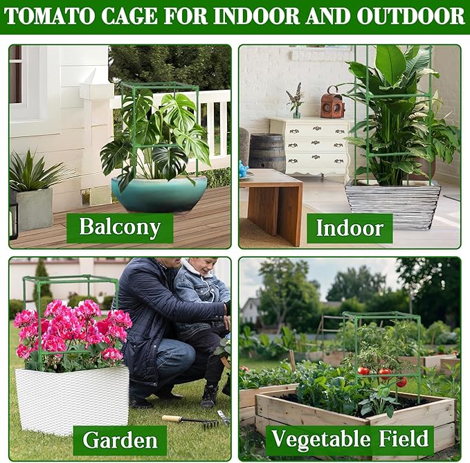 ZeeDix 6 Pack Heavy Duty Tomato Cages for Garden 45 Inches, Square Adjustable Tomato Trellis Cage Climbing Plant Support Trellis Plant Cages for Climbing Vegetables Flowers with 40Pcs Clips