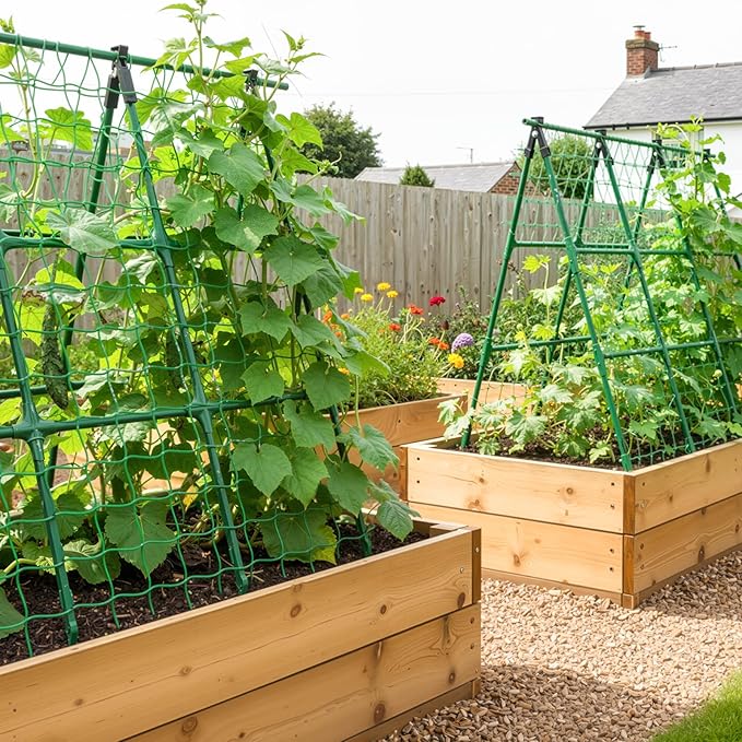 A-Frame Cucumber Trellis for Raised Bed - 47 x 47in, Heavy-Duty Detachable Garden Trellis with Netting & Clips, Support for Climbing Outdoor Cucumber, Tomatoes, Luffa, Bitter Melon, Vining Flowers
