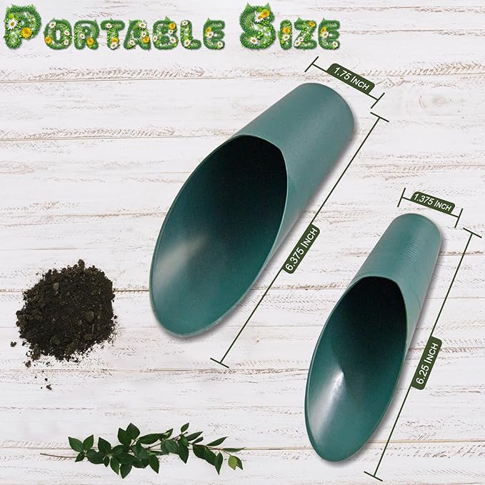 Home-X Set of 2 Soil Scoops - Mini Hand Scoops for Transplanting, Weeding, and Potting - Small Garden Scoop, Potting Scoopers, Bonsai Tool - Set of 2 Different Sizes 6½" x 2½" and 6¼" x 1¾" - Green