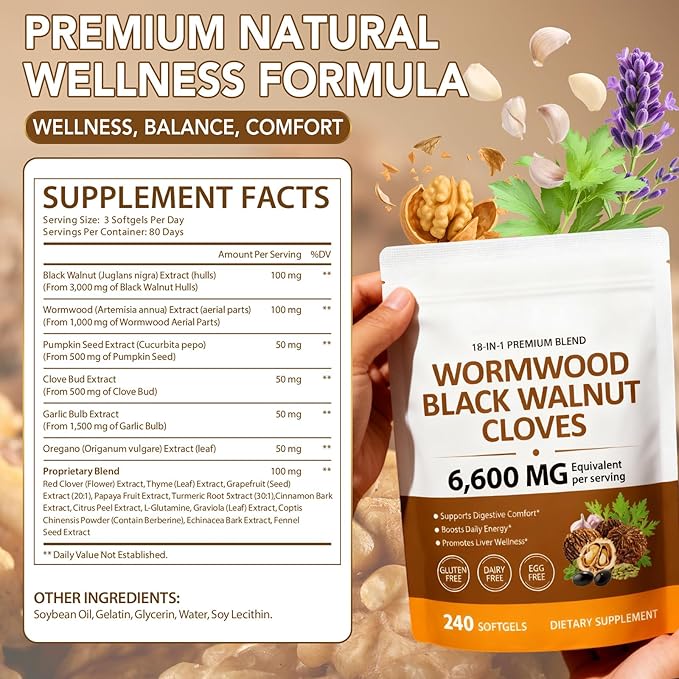 18-in-1 Wormwood Black Walnut Clove Herbal Softgels, 6600mg Serving, Rapid Gut Cleanse & Digestive Health with Black Walnut Hull, Wormwood, Clove, Garlic, Oregano, Pumpkin Seed, Easy-to-Swallow -2Pack