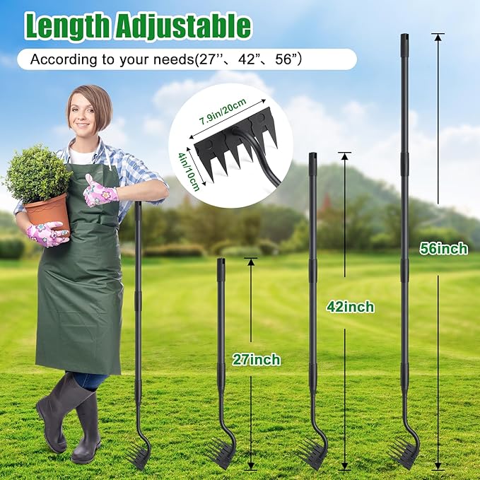 Weeding Garden Rake, 6 Tines Adjustable Weed Remover Tool Heavy Duty with Detachable Long Handle, 56 inch Weed Remover Gardening Hand Tool for Lawn, Yard, atio and Backyard
