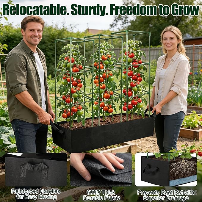 3-Pack Tomato Cages with 86 Gallon Raised Garden Bed - 41" Anti Collapse Heavy Duty Plant Support Trellis for Climbing Vegetables Plants Flowers ,Adjustable Vertical Tomato Trellis for Garden Balcony