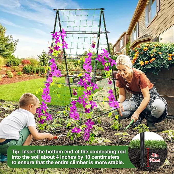 Lalahoni Garden Trellis for Climbing Plants Outdoor, 31.5x70.8 inch Metal A-Frame Cucumber Trellis Raised Bed, Climbing Plant Support Vine Fruit Flower Vegetable Tomato Peas Bean Trellis, with Netting