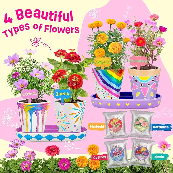 Tekoly 4 Set Paint & Plant Flower Gardening Kit - Gifts for Girls Ages 8-12, Arts and Crafts for Kids Ages 8-12, Kids Gardening Set, Toys Birthday for Girls Boys Ages 6 7 8 9 10 11 12