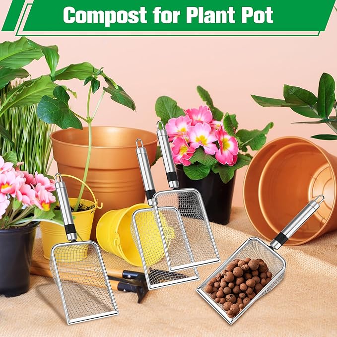4PCS Soil Sifter for Gardening, Stainless Steel Sand Soil Compost Sifter for Gardening with Handle, Sieve for Rocks (0.2/0.17/0.15/0.11 in Mesh)