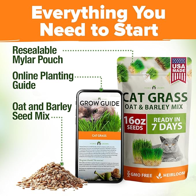 HOME GROWN Non GMO 1 Pound Cat Grass Seeds for Cat & Kittens Oat & Barley Mix 100% Heirloom, Grow Fresh Kitty Grass for Chewing, Pet Grass for Cats Indoor Garden