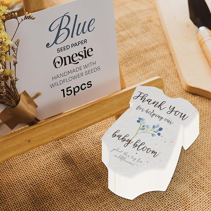 Seed Bloom Onesie Seed Paper – 15 Blue Shower Favors for Guests with Wildflower Seeds, Writable & Plantable, Shower Favor Gifts for Guest