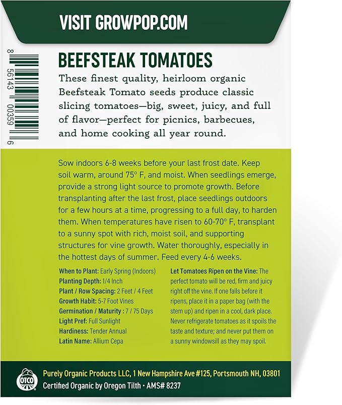 Organic Tomato Seeds (Ponderosa Red Beefsteak) - Approx 75 Seeds - USDA Organic, Non-GMO, Open Pollinated, Heirloom, USA Origin