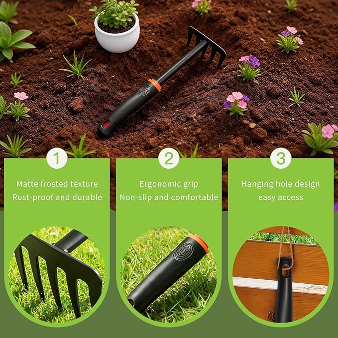 Mini Garden Rake, Garden Tool Hand Tiller Grass Rake for Flower Beds, Patio, Garden Loosening Soil Weeding Digging