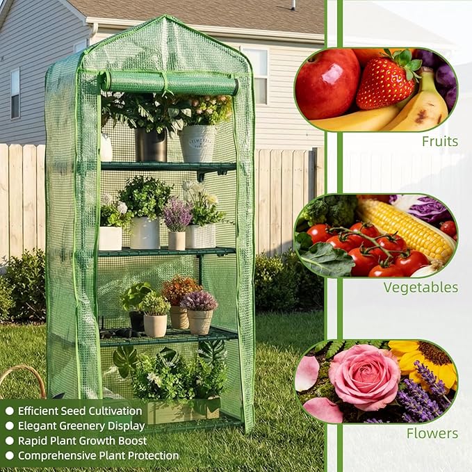 4 Tier Mini Greenhouse - Portable Indoor Outdoor Green House with 24lbs Per Shelf, Durable PE Cover & Tool-Free Assembly for Garden Balcony Patio Backyard