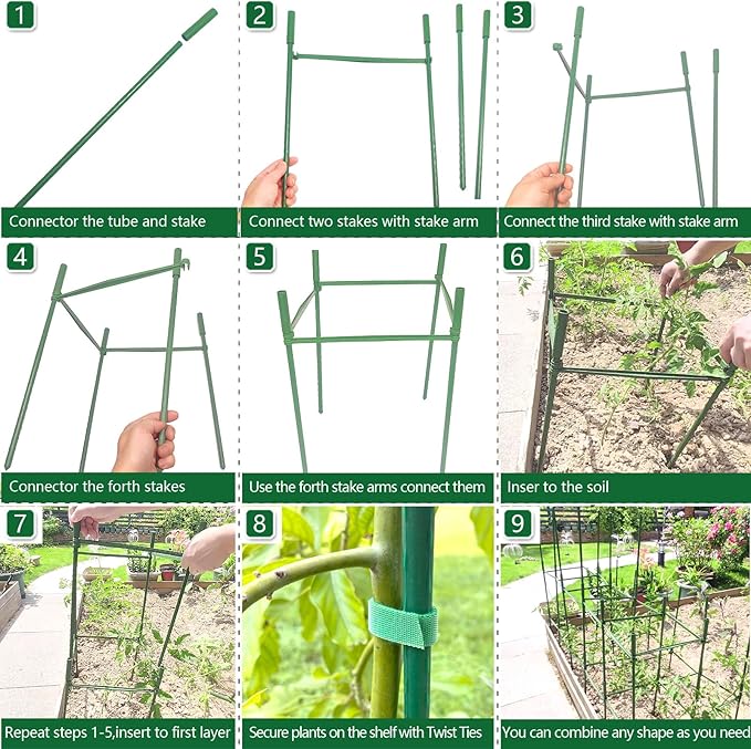 3Pack 12" Width Up to 63" Height Adjustable Square Tomato Cages for Garden, Plant Support Stakes for Climbing Vegetable, Tomatoe, Flower, with Twist Ties Snap-On Stake Arms