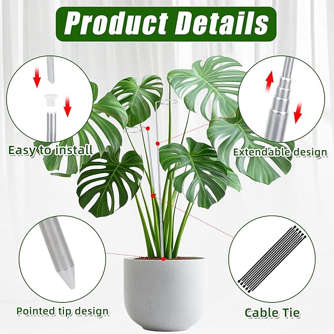 5 Pack Extendable Metal Plant Stakes, 7IN to 24.5IN Adjustable Monstera Plant Supports with Cable Tie Indoor Outdoor Plant Holder Sticks for Monstera Orchids Tomatoes Vines