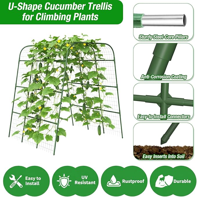Cucumber Trellis 16mm for Raised Bed 48" L x 64" H, U-Shape Heavy-Duty Metal Garden Trellis for Climbing Plants Outdoor, Vegetable Arch Support Frame for Tomato Pea Zucchini Grape Flowers Vines