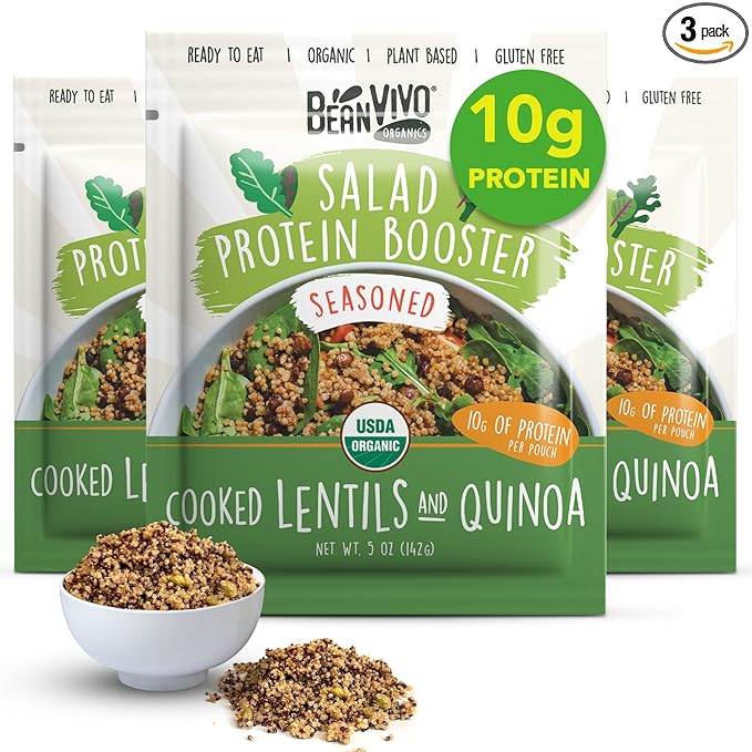 BeanVIVO 3-Pack Salad Protein Booster - Organic Lentils & Quinoa, fully cooked and seasoned, delivering a burst of taste and 10g of protein-packed goodness in every pouch 5oz