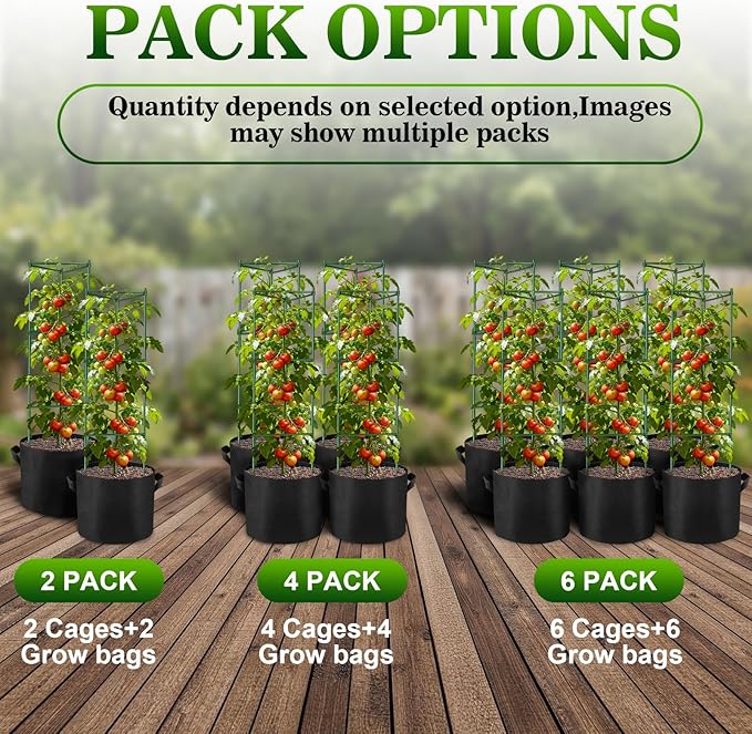 NNG 6 Packs 48 inches Tomato Cages with 10 Gallon Grow Bags,Garden Plant Support Cages,Plant Tower Stakes Garden Trellis for Climbing Plants,Tomato Plant Trellis for Vegetable Fruits Vines