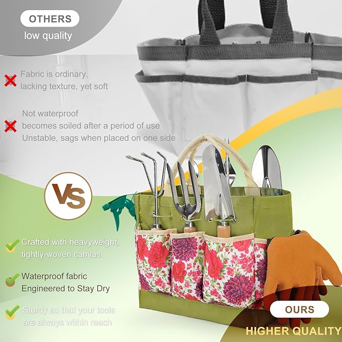 Garden Tool Set, 10 PCS Gardening Essentials, Stainless Steel Garden Hand Tools with Tote Bag, Well-Designed Gardening Supplies Kit Gifts for Women Men Gardeners